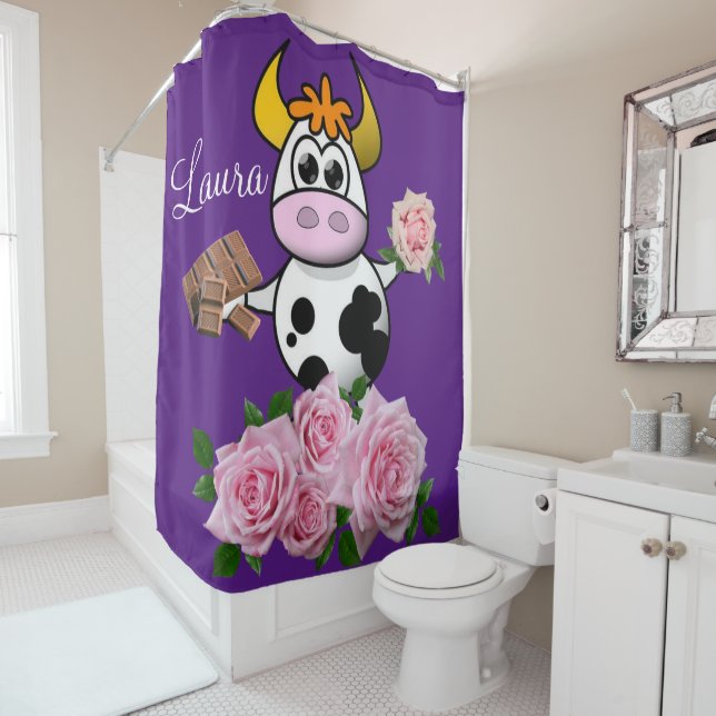 Shower Curtain Purple Pink Roses Cow Chocolate (In Situ)