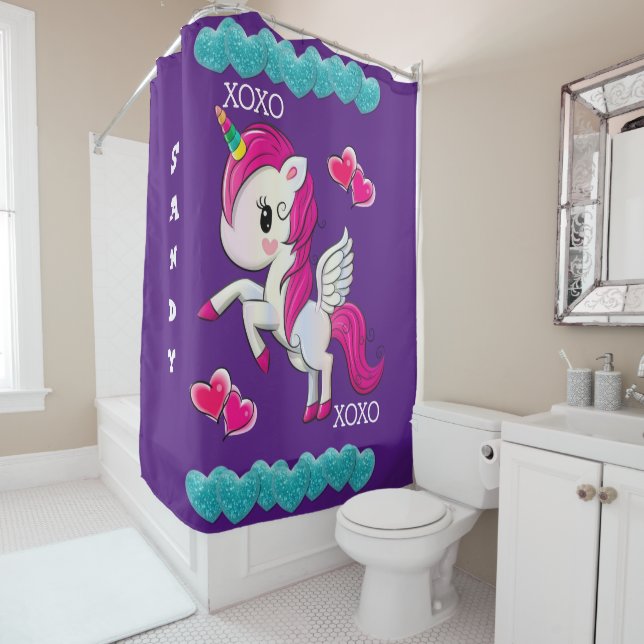 Shower Curtain Purple Unicorn Blue Hearts xoxo (In Situ)