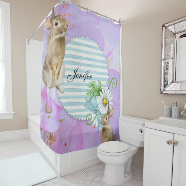 Shower Curtain Rabbit Floral Stripe (In Situ)