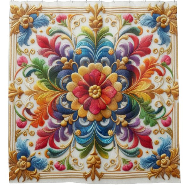 Shower Curtain Rainbow Flowers Embroidery Looking  (Front)