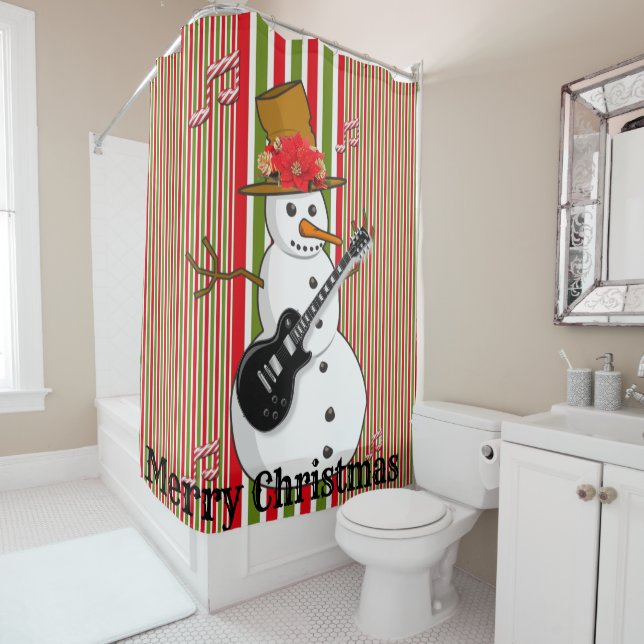 Shower Curtain Red Green White Stripe Snowman (In Situ)