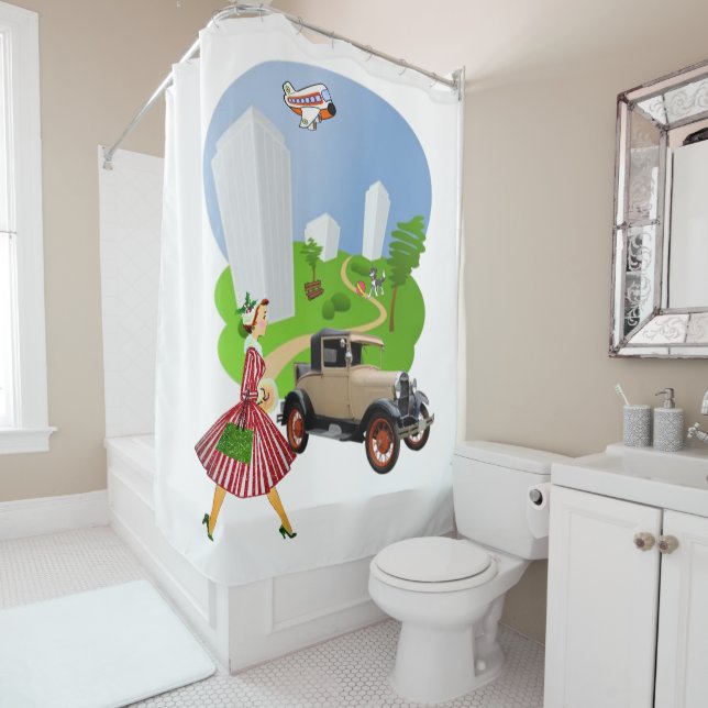 Shower Curtain Retro Woman Car Dog Aeroplane (In Situ)