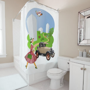 Shower Curtain Retro Woman Car Dog Aeroplane