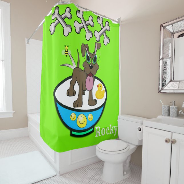 Shower Curtain Rocky Dog Bones Duck (In Situ)