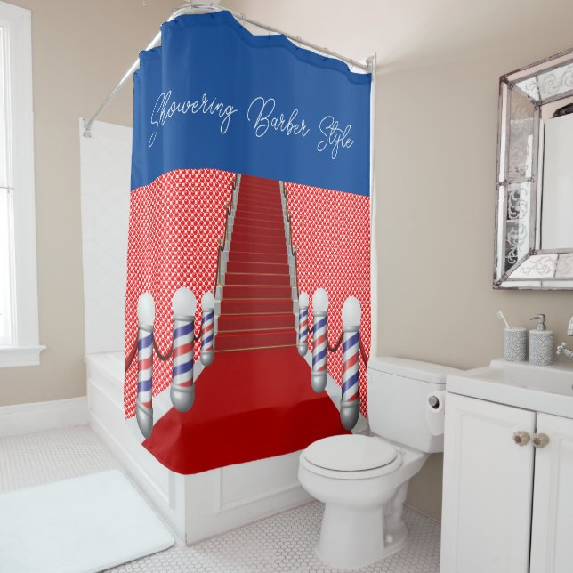 Shower Curtain Showering Barber Style Red Blue (In Situ)