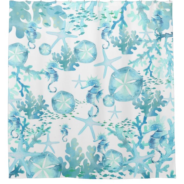 Shower Curtain Teal Blue Seahorse Sanddollar Shell (Front)