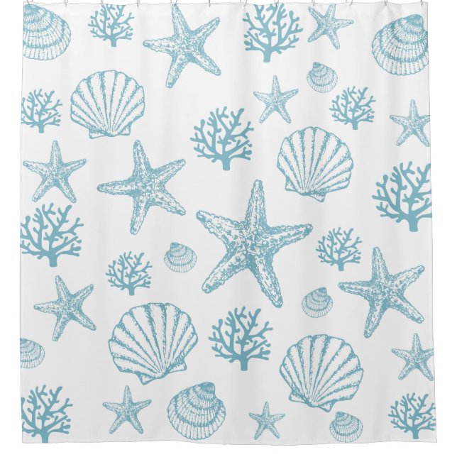 Shower Curtain Teal Seashell Starfish Beachy  (Front)