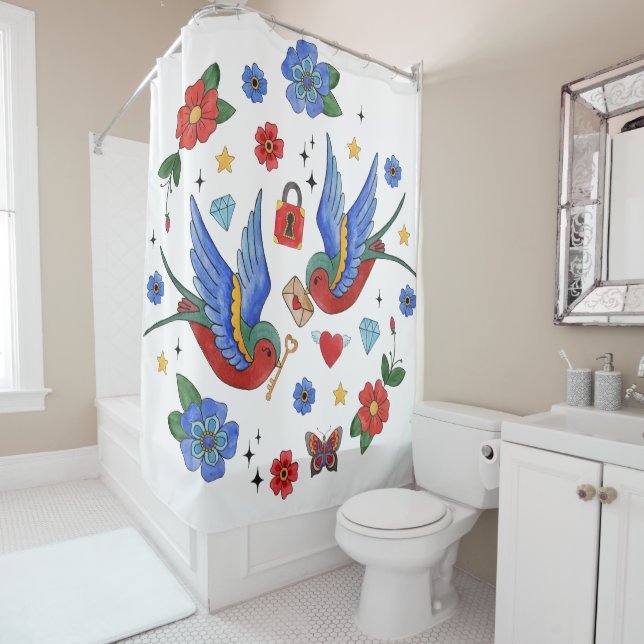 Shower Curtain Traditional Bird Tattoo Sparrow bir (In Situ)