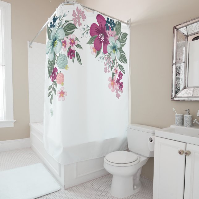 Shower Curtain Tropical Flower on White (In Situ)