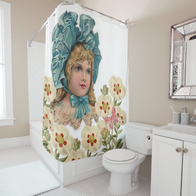 Shower Curtain Vintage Woman Floral Butterfly (In Situ)