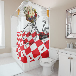 Shower Curtain White Daisy Red Chequered Heels
