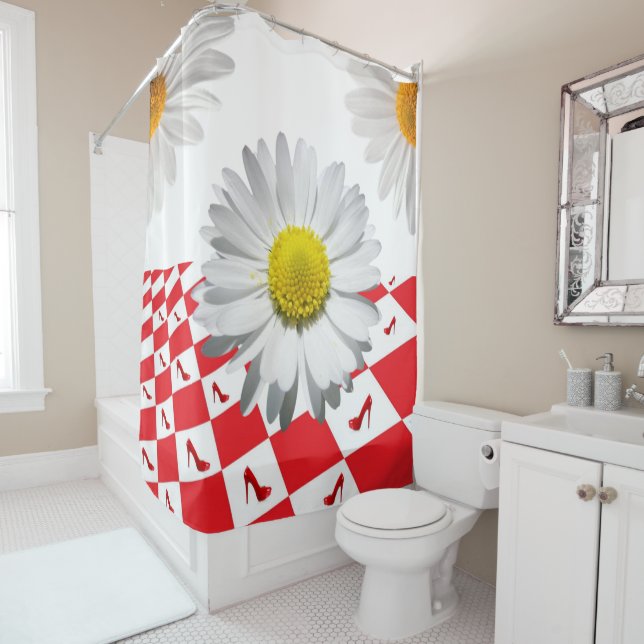 Shower Curtain White Daisy Red Chequered Heels (In Situ)