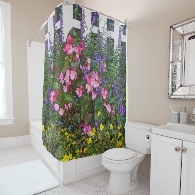shower curtain"WHITE PICKET FENCE AND FLOWERS" Shower Curtain (In Situ)