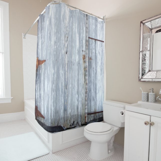 Shower Curtain White Wash Wood Barn Door Country R (In Situ)
