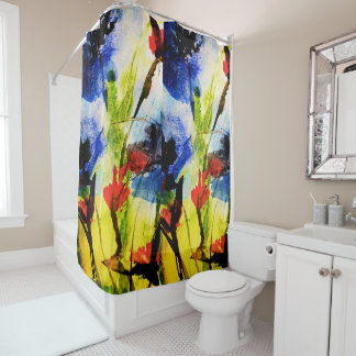 shower curtain with blue watercolor flowers