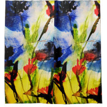 shower curtain with blue watercolor flowers