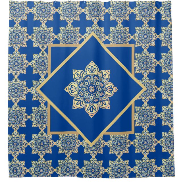 Shower Curtain with gold medallions on blue (Front)