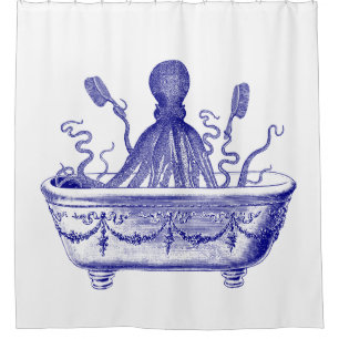 Shower curtain with navy vintage octopus in bath