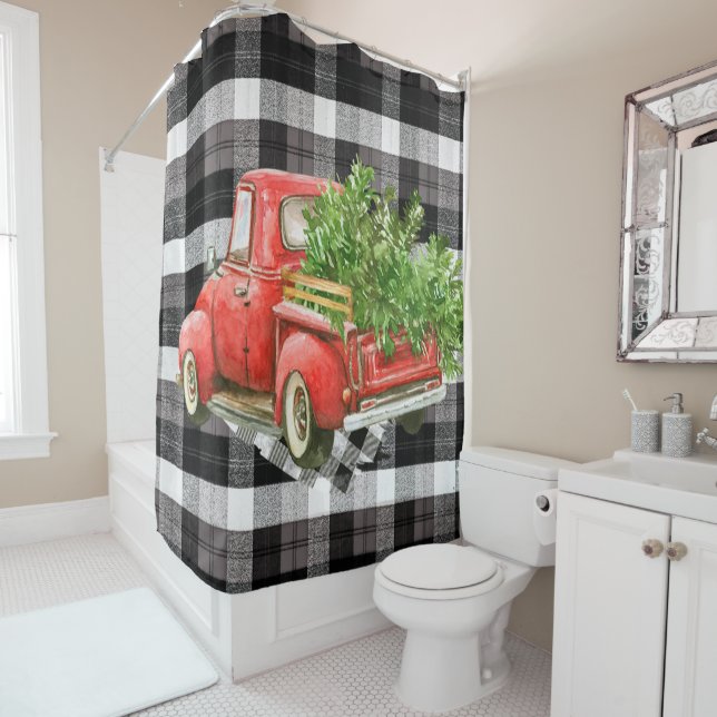 Shower Curtain XMAS Truck Baffalo Plaid Black Whit (In Situ)