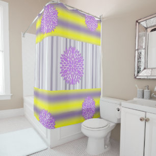 Shower Curtain Yellow Purple Floral Stripe