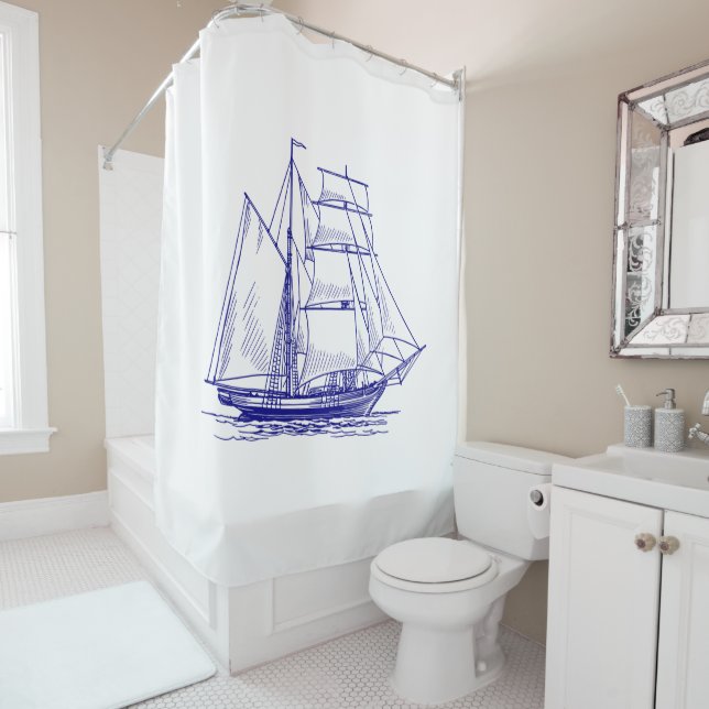shower curtian chic nautical blue sailing ship  curtain (In Situ)