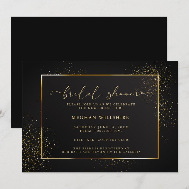 SHOWER | Elegant Black and Gold Glitter Invitation (Front/Back)
