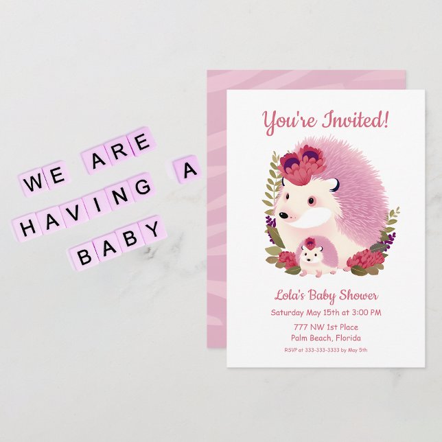 Shower Invitation -Mummy and Baby Girl Hedgehogs (Baby Shower Girl Invitation)