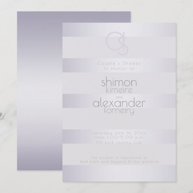 Shower | Violet Silver Shimmer Stripes Monogram Invitation (Front/Back)