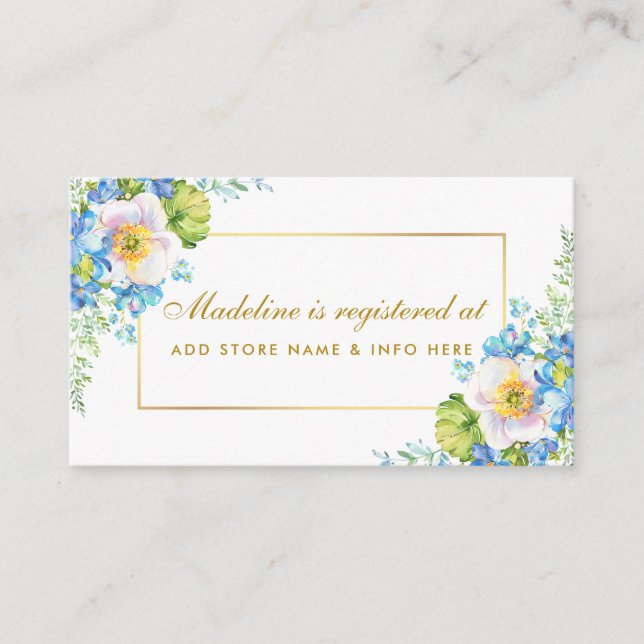 Shower Watercolor Blue Floral Gold Registry Insert (Front)