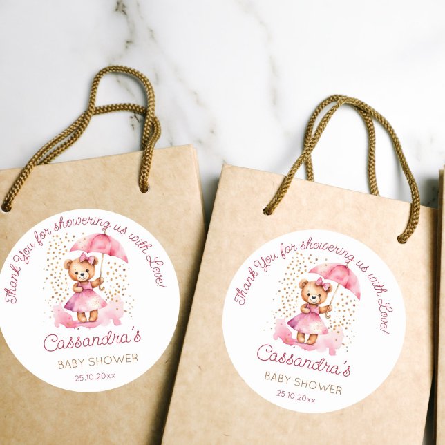 Shower with love girl teddy bear baby shower favou classic round sticker (Shower with love beary cute girl teddy bear baby shower thank you favor gift stickers pink umbrella)
