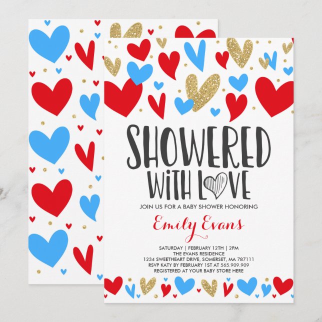 Showered With Love Baby Shower Invitation Hearts (Front/Back)