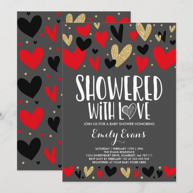 Showered With Love Baby Shower Invitation Hearts (Front/Back)