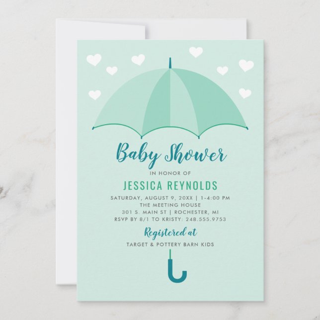 Showered with Love Mint Green Umbrella Baby Shower Invitation (Front)