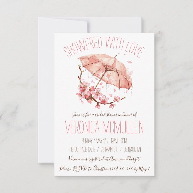 Showered with Love! Pink Umbrella Bridal Shower Invitation (Front)