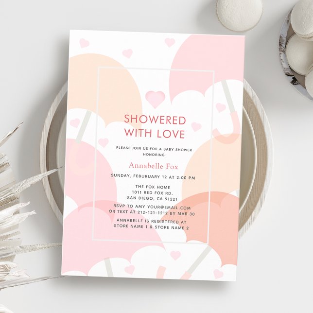 Showered with Love Pink Umbrellas Baby Shower Invitation (Creator Uploaded)