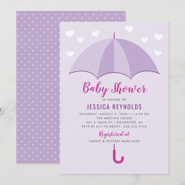 Showered with Love Purple Umbrella Baby Shower Invitation (Front/Back)