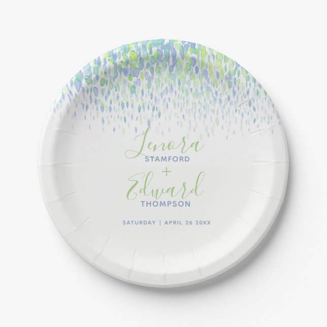 Showering cascade blue green art wedding paper plate (Front)