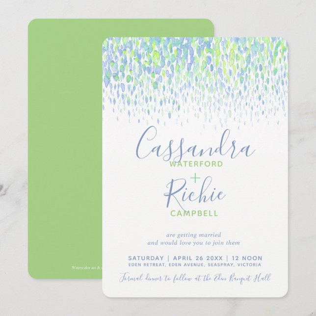Showering cascade green blue art wedding invitation (Front/Back)