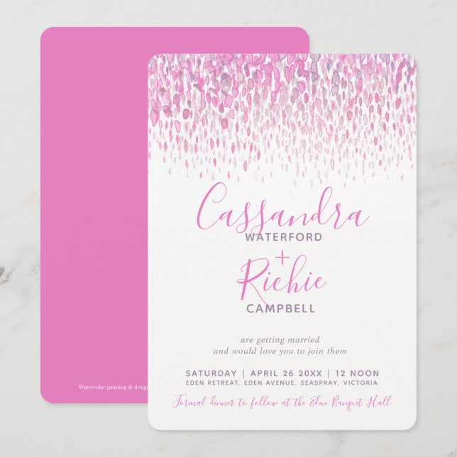 Showering cascade pink purple grey art wedding invitation (Front/Back)