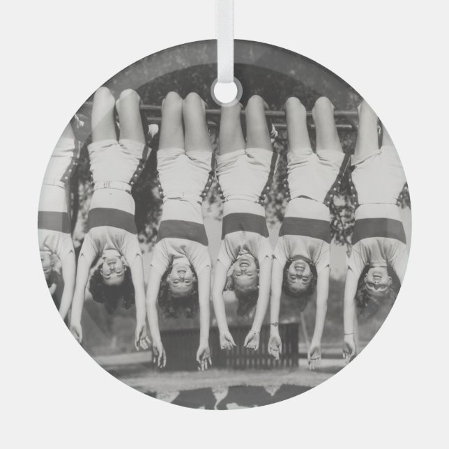Showgirls on monkey bars, playful design. glass tree decoration (Front)