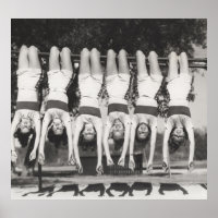 Showgirls on monkey bars, playful design.