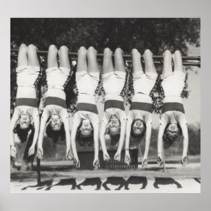 Showgirls on monkey bars, playful design. poster