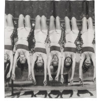 Showgirls on monkey bars, playful design.