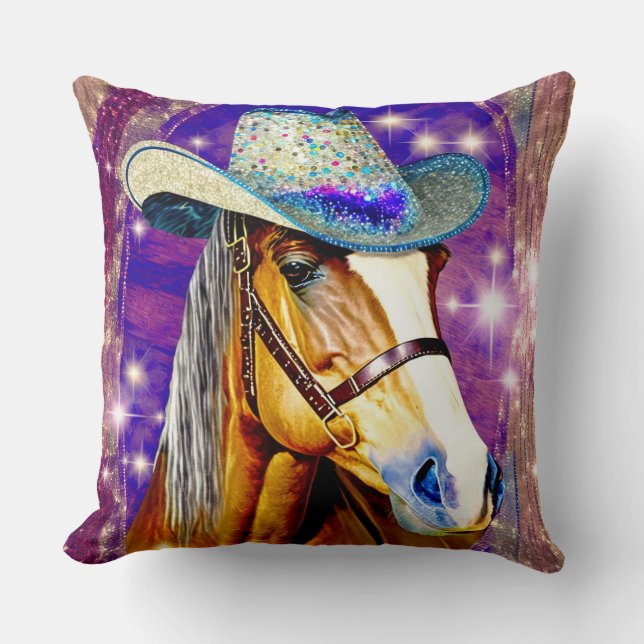 Showtime - Horse Wearing a Cowboy Hat Pillow (Front)