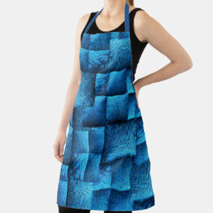 Showy blue squares with abstract tribal drawings apron
