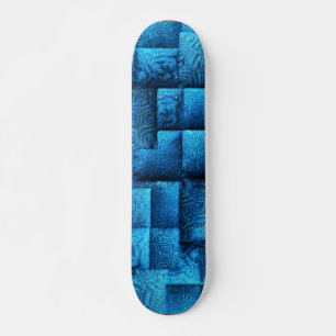 Showy blue squares with abstract tribal drawings skateboard