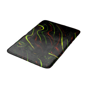 Showy green and red long wavy traces on black fund bath mat