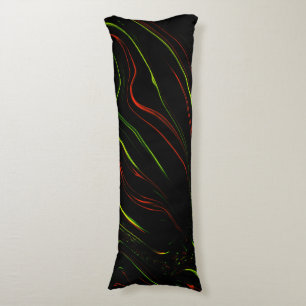 Showy green and red long wavy traces on black fund body cushion