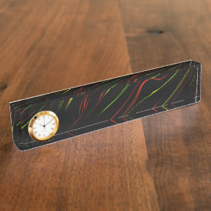 Showy green and red long wavy traces on black fund nameplate