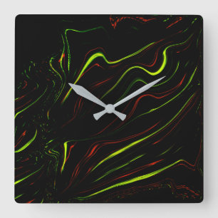 Showy green and red long wavy traces on black fund square wall clock